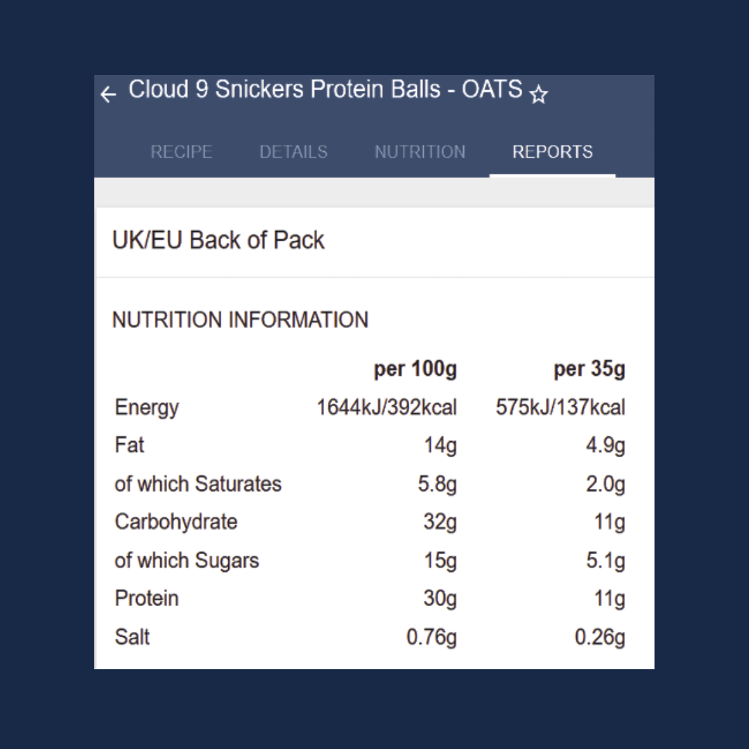 Nutrition information panel for Cloud 9 Snickers Protein Balls - OATS on a blue background