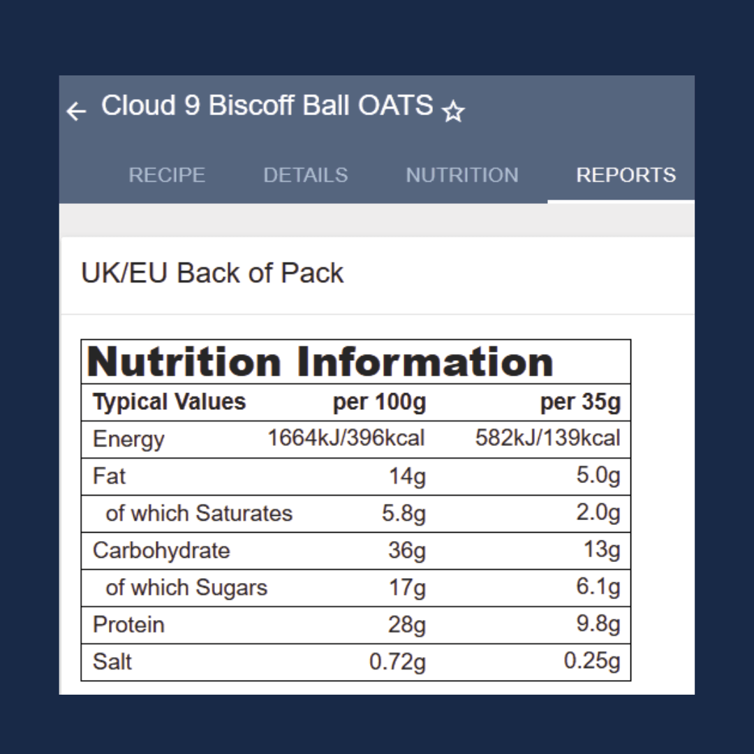 Nutrition information label for Cloud 9 Biscoff Ball OATS on a blue background
