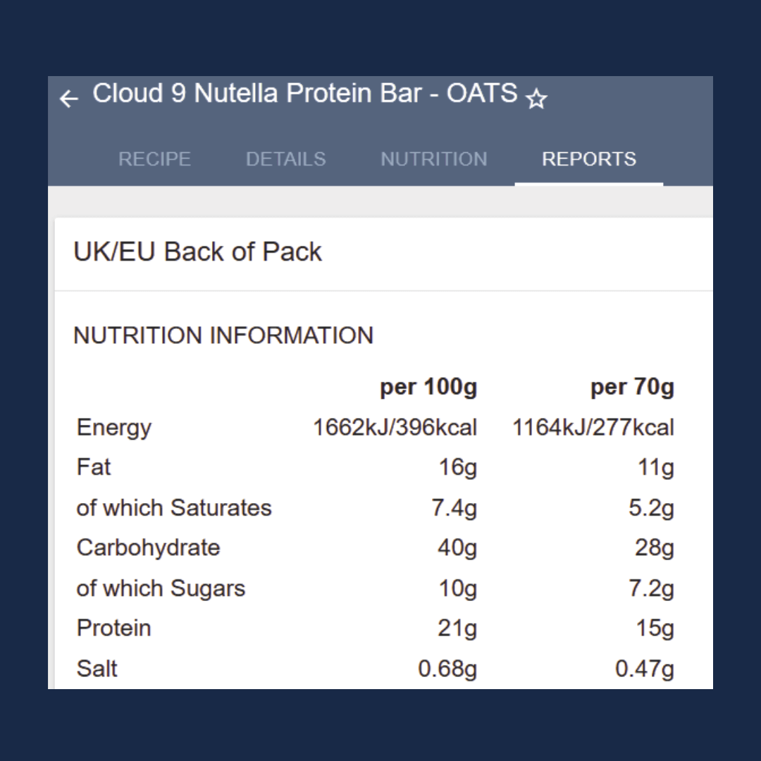 Nutrition information for Cloud 9 Nutella Protein Bar - Oats on a digital interface.
