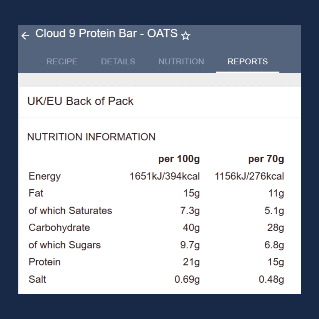 Nutrition information for Cloud 9 Protein Bar - Oats on a digital interface.
