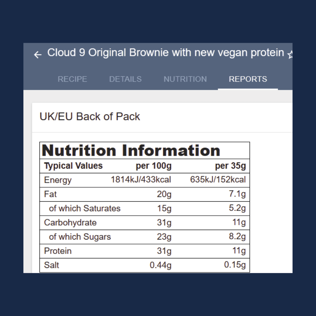 Nutrition information label for Cloud 9 Original Brownie with vegan protein on a blue background.