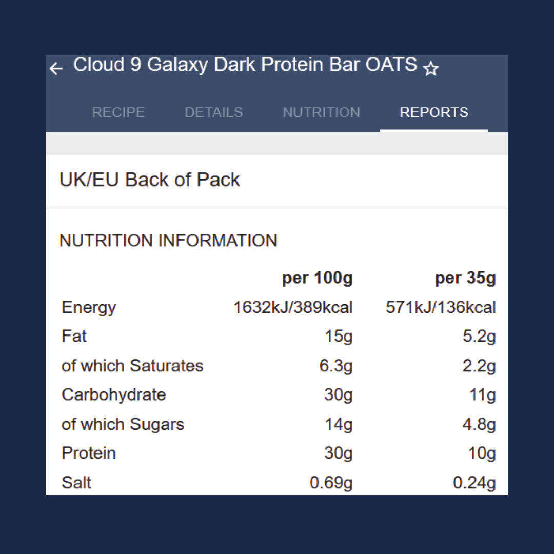 Nutrition information for Cloud 9 Galaxy Dark Protein Bar OATS on a smartphone screen.