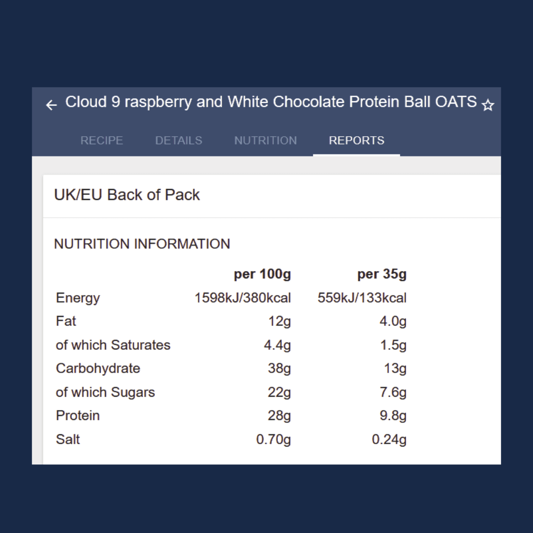 Nutrition information for Cloud 9 raspberry and white chocolate protein ball oats on a screen.
