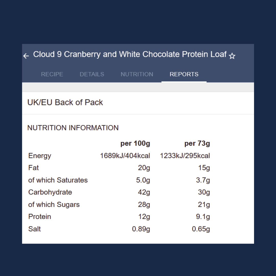Nutrition information panel for Cloud 9 Cranberry and White Chocolate Protein Loaf on a blue background