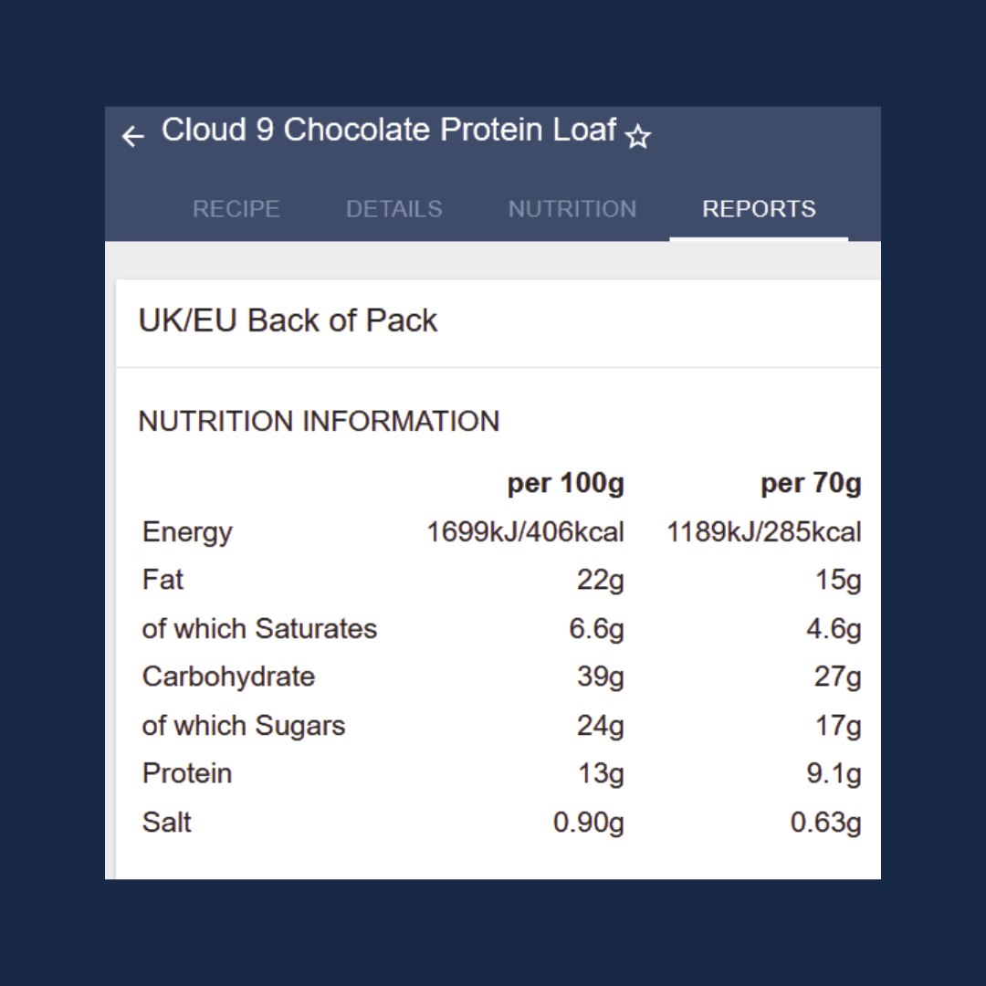 Nutrition information for Cloud 9 Chocolate Protein Loaf displayed on a screen.