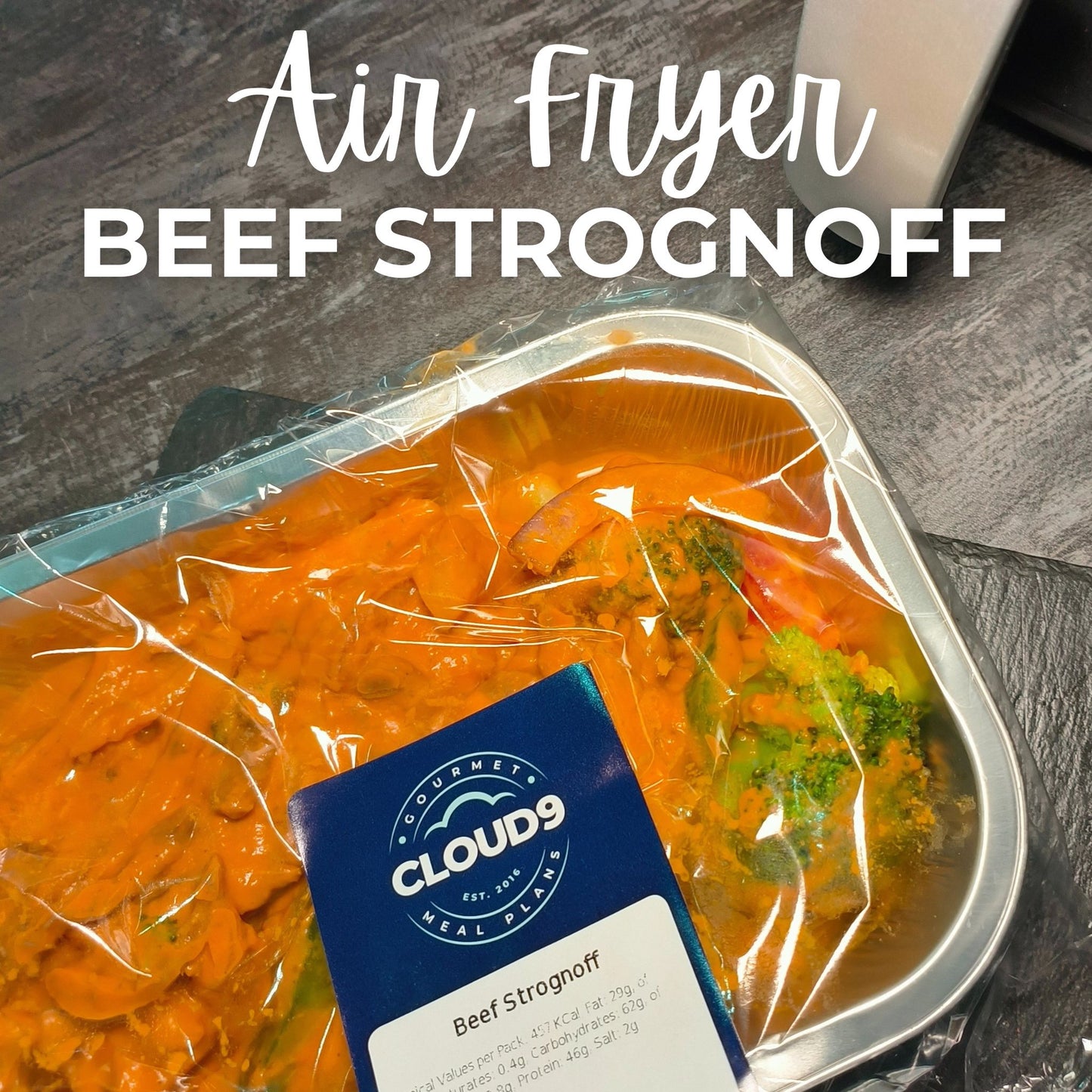 Packaged Air Fryer Beef Strognoff meal from Cloud 9 Meal Plans, displayed in a plastic container with the brand tag visible.