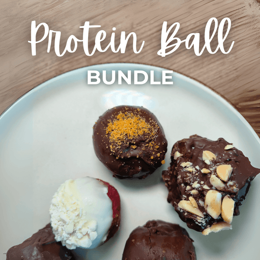 Protein balls on a white plate with text overlay on a wooden surface