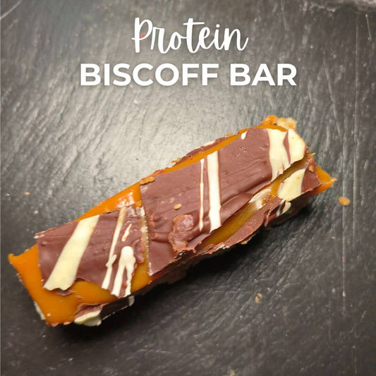 photo of protein bar with text that says protein biscoff bar