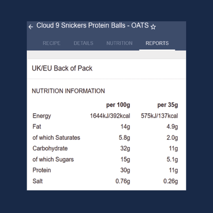 Nutrition information panel for Cloud 9 Snickers Protein Balls - OATS on a blue background