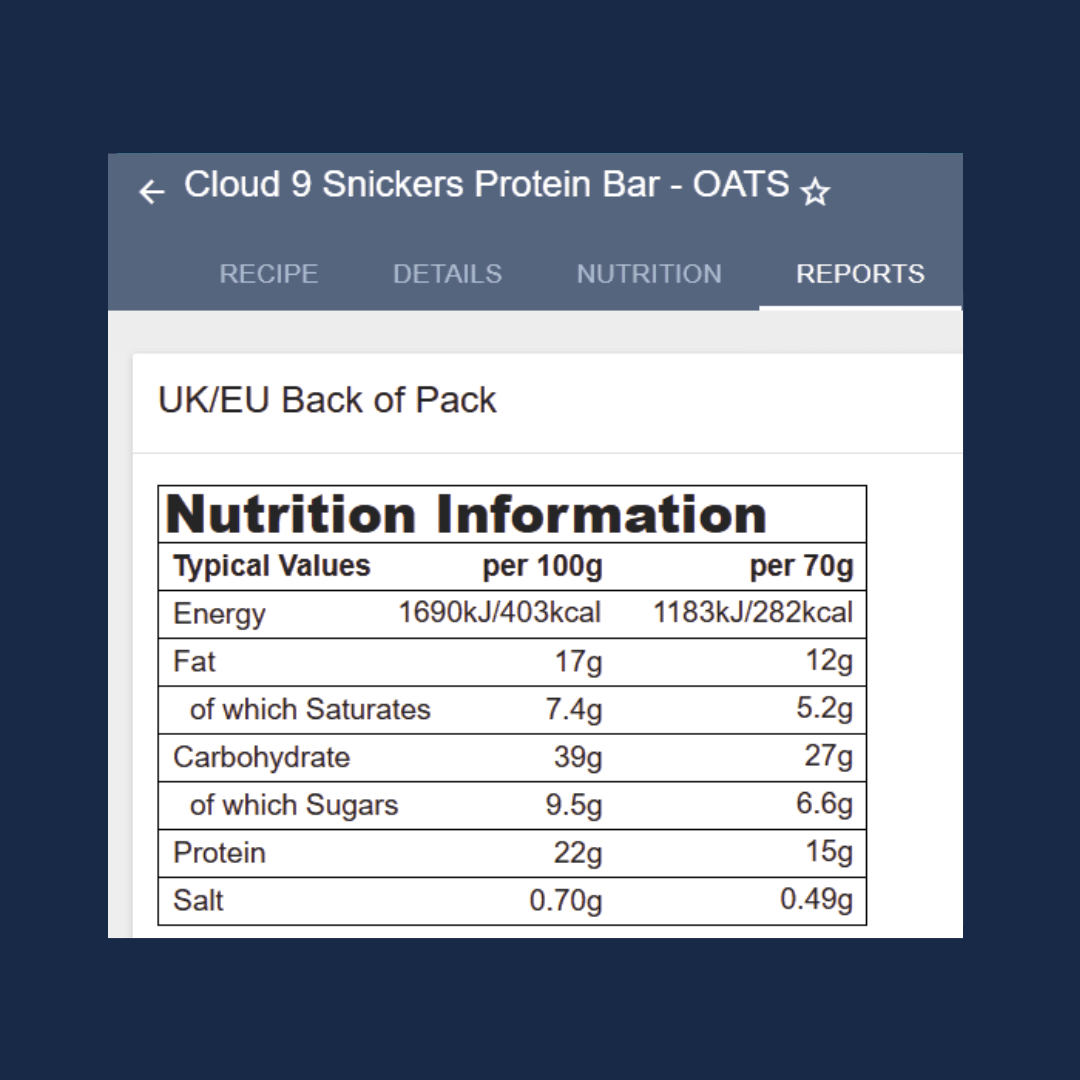 Nutrition information label for Cloud 9 Snickers Protein Bar - Oats on a blue background