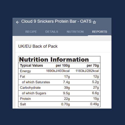 Nutrition information label for Cloud 9 Snickers Protein Bar - Oats on a blue background