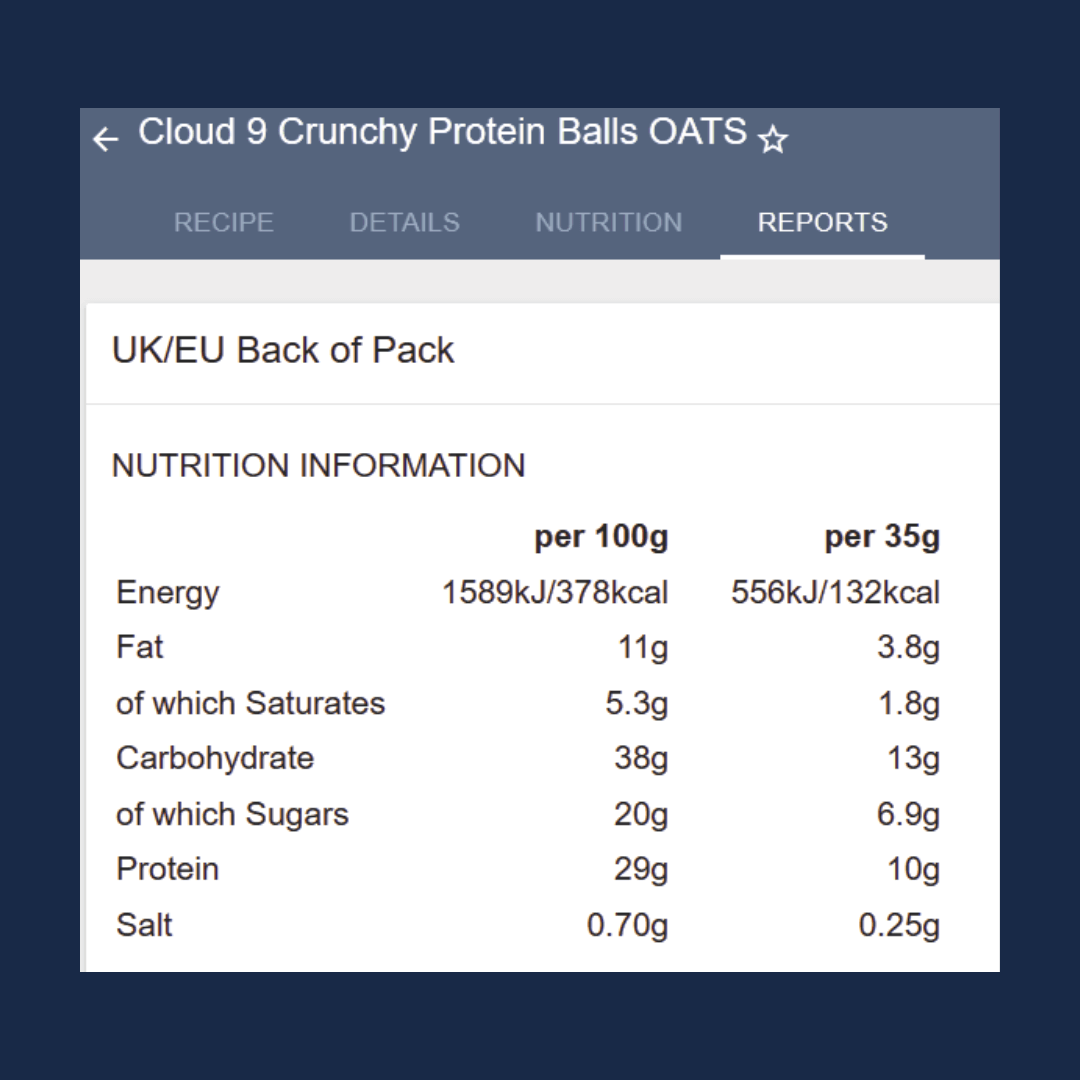 Nutrition information for Cloud 9 Crunchy Protein Balls OATS on a digital interface.