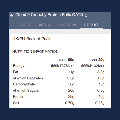 Nutrition information for Cloud 9 Crunchy Protein Balls OATS on a digital interface.