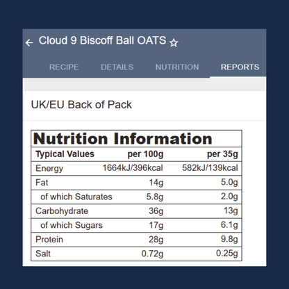 Nutrition information label for Cloud 9 Biscoff Ball OATS on a blue background