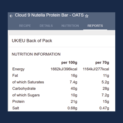 Nutrition information for Cloud 9 Nutella Protein Bar - Oats on a digital interface.