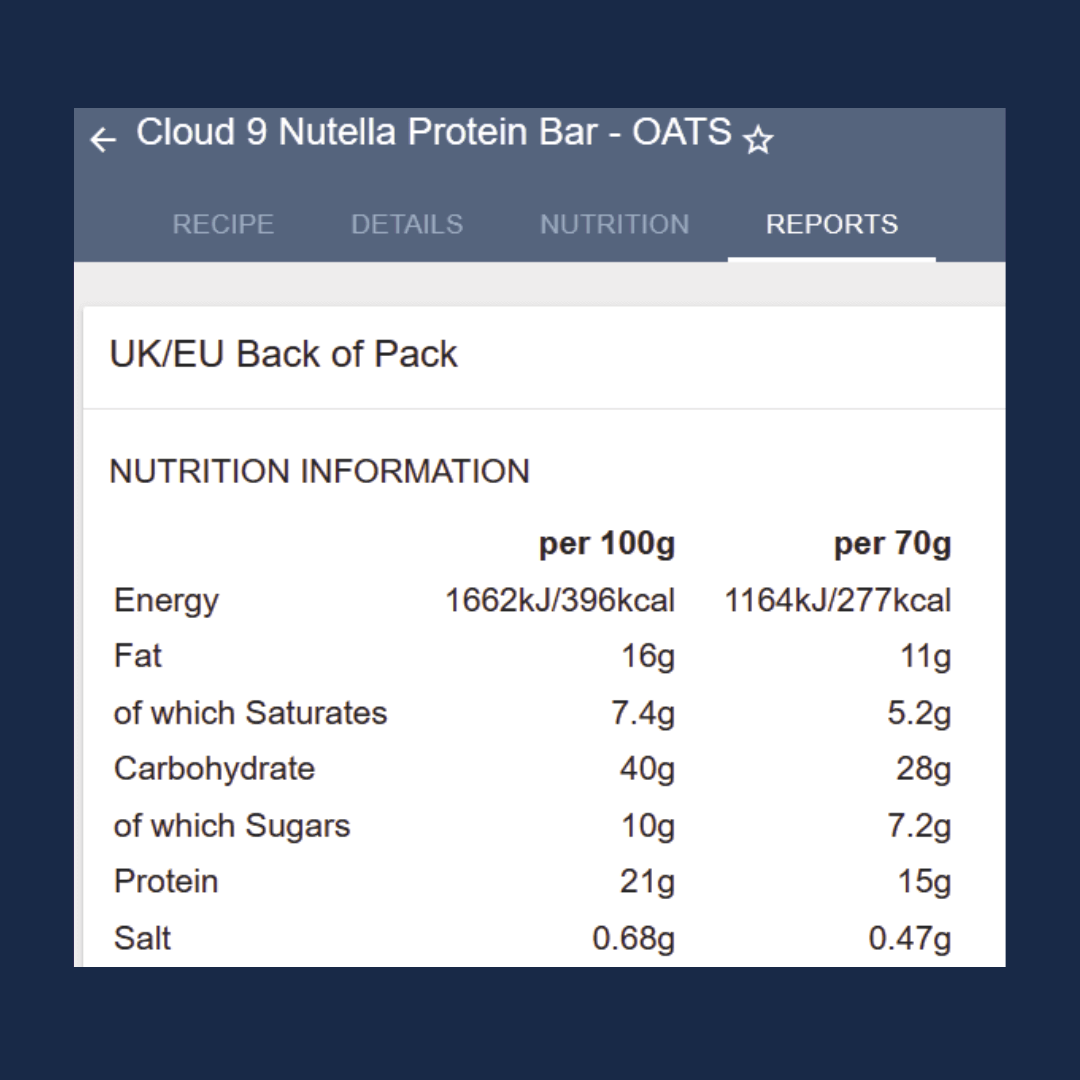 Nutrition information for Cloud 9 Nutella Protein Bar - Oats on a blue background