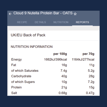 Nutrition information for Cloud 9 Nutella Protein Bar - Oats on a blue background