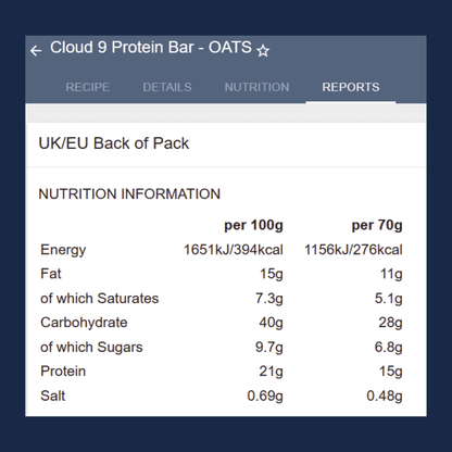 Nutrition information for Cloud 9 Protein Bar - Oats on a digital interface.