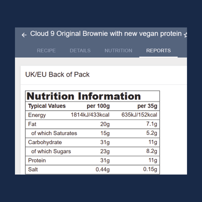Nutrition information label for Cloud 9 Original Brownie with vegan protein on a blue background.