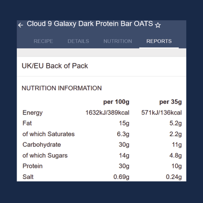 Nutrition information for Cloud 9 Galaxy Dark Protein Bar OATS on a smartphone screen.