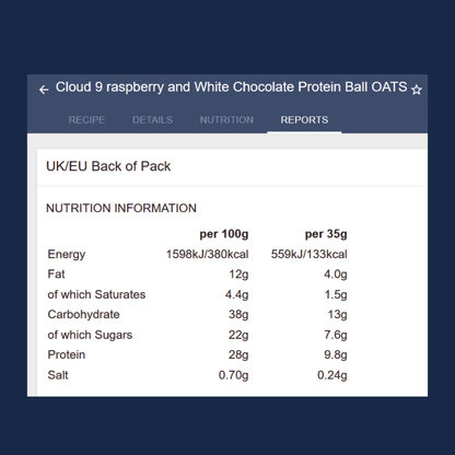 Nutrition information for Cloud 9 raspberry and white chocolate protein ball oats on a screen.