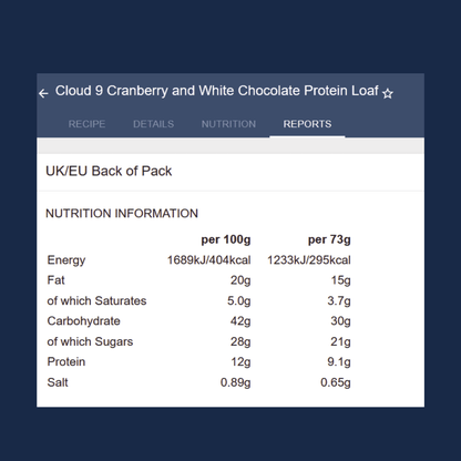 Nutrition information panel for Cloud 9 Cranberry and White Chocolate Protein Loaf on a blue background