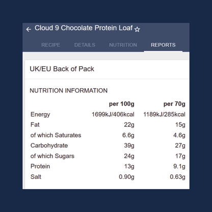 Nutrition information for Cloud 9 Chocolate Protein Loaf displayed on a screen.