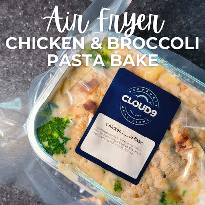 Packaged Air Fryer Chicken & Broccoli Pasta Bake by Cloud 9 Meal Plans, displayed in a transparent plastic container with the brand and product details visible.