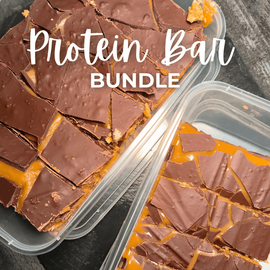 Protein bars in a container with text overlay 'Protein Bar Bundle'.